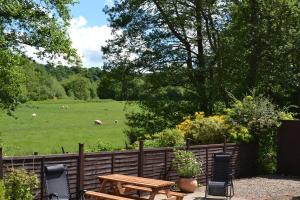 a picnic table and chairs and a field with animals at Arrowwood Self Catering (Wagtail and Nuthatch) in Kington