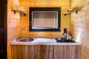a kitchen with a sink in a wooden cabin at Fetingas in Šventoji +35 photos