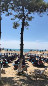 a beach with chairs and umbrellas and the ocean at Inn Hotel in Durrës