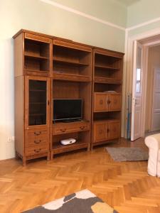 a large wooden entertainment center with a television in a living room at Summer place in Budapest