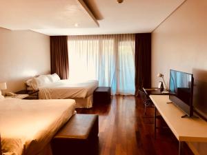 サン・イシドロにあるSan Isidro Plaza Hotelのベッド2台と薄型テレビ付きのホテルの部屋