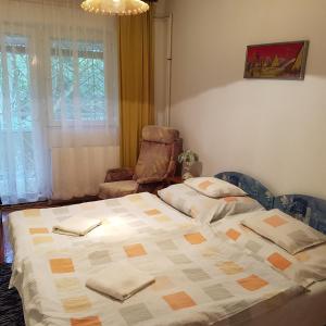 sypialnia z łóżkiem z krzesłem i oknem w obiekcie Miki Apartmanok és Vendégházak w Hajduszoboszlo