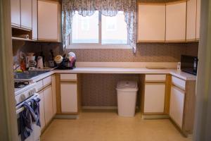eine kleine Küche mit einem Waschbecken und einem Fenster in der Unterkunft Hamtramck Hostel in Detroit