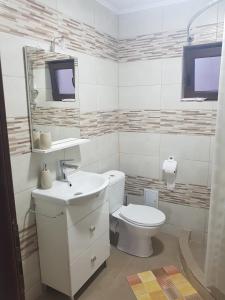 een badkamer met een toilet, een wastafel en een tv bij Cabana Soral Baile Figa in Beclean