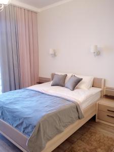 スヴェトロゴルスクにあるMelaniのベッドルーム1室(大型ベッド1台、青い毛布付)