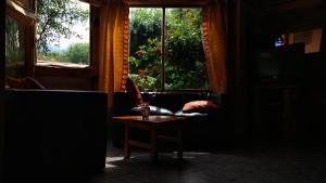 Habitación con sofá, mesa y ventana en Carpe Diem Cabañas & Suites en El Bolsón