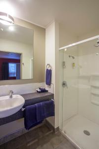 a bathroom with a sink and a shower at Landmark Manor in New Plymouth