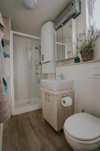a bathroom with a toilet and a sink and a shower at Marina seahouse Portorož in Lucija