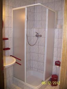 a shower with a glass door in a bathroom at Pension Strohbach in Sebnitz