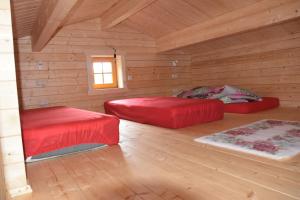 two beds in a room with wooden walls at Erzgebirgsholzhaus am Lugstein in Kurort Altenberg