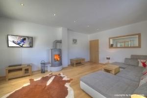 a living room with a couch and a fireplace at Chalet Apartment Ski and Golf by Kaprun Rentals in Zell am See