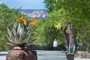 a woman walking down a path next to a large vase with flowers at Hotel Villa Favorita in Noto
