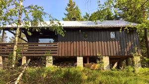 a log cabin in the woods with trees at Skogheim Two-Bedroom Cottage in Birkeland