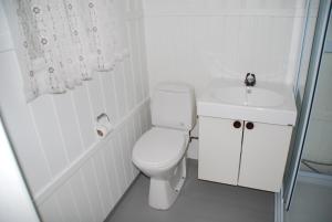 a white bathroom with a toilet and a sink at Haugteig in Lyngværet