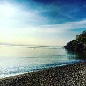 una spiaggia con l'oceano e un edificio in lontananza di Residence Hotel Baia Portinenti a Città di Lipari