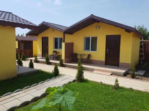 a yellow house with a lawn in front of it at Cazare Balliu in Corbu