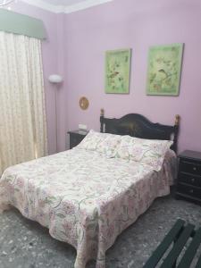 a bedroom with a large bed with a pink wall at Hostal Hispalis in Gandul