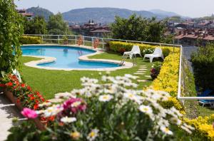 a garden with a swimming pool with chairs and flowers at Hotel Avenida in San Sebastián