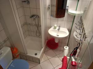 a small bathroom with a sink and a shower at Hotelik Komandor in Władysławowo