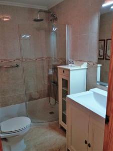 a bathroom with a shower and a toilet and a sink at Calle Miguel Delibes in San Bartolomé