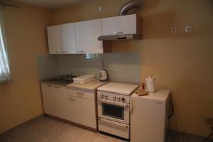 a small kitchen with a stove and a refrigerator at Dalma in Osijek