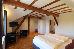 a bedroom with a bed and a television in a attic at Zum Bahnhof 1894 in Rohrbach