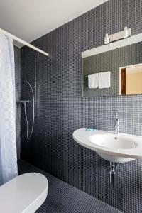 a bathroom with a sink and a shower and a toilet at Hôtel du Cheval-Blanc in Saint-Blaise