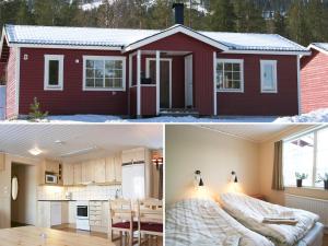 een rood huis met een slaapkamer en een keuken bij Stötens Stugor & Lägenheter in Stöten