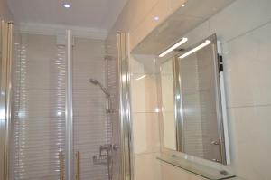 a bathroom with a shower and a mirror at Apartmani Milin in Zadar