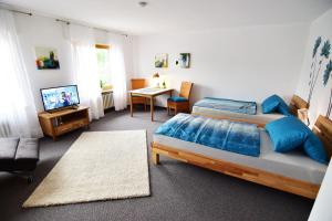 メーアブッシュにあるFeriendomizil Meerbuschのベッドルーム(ベッド1台、デスク、テレビ付)
