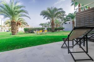 eine Terrasse mit Stühlen und Palmen in einem Park in der Unterkunft Hotel Dunas de Sal in Santa Maria