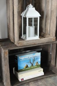 a book and a lamp on top of a book shelf at A chacun son nid in Les Épesses