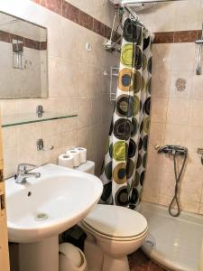 La salle de bains est pourvue d'un lavabo, de toilettes et d'une douche. dans l'établissement Zenios Kisamos-Pretty comfy studio, à Athènes