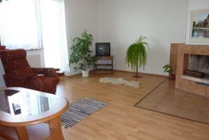 a living room with a table and a fireplace at Apartman Foldes Tibor in Veľký Meder