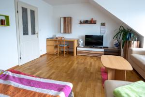 a living room with a couch and a table at Vermieterei in Oberwölbling