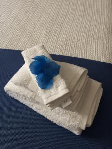 a blue vase sitting on a pile of towels at Quinta de Catapeixe Douro River in Magrelos
