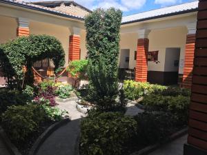 a garden in front of a house with bushes at The Backpacker Hostal in Ibarra