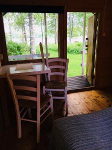 ケリマキにあるOllila Rantamökitのテーブルと椅子2脚、窓が備わる客室です。