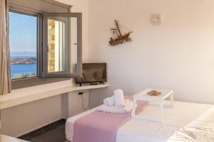 a bedroom with a bed and a tv and a window at Villa Lina Syros in Azolimnos