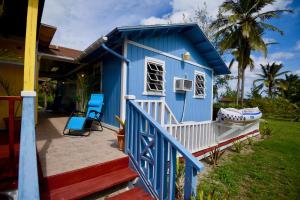 a blue tiny house with a porch and stairs at Nathan's Lodge in Kemps Bay