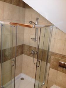 cabina de ducha con puerta de cristal y ducha en Holiday house EWA, en Meszna Opacka