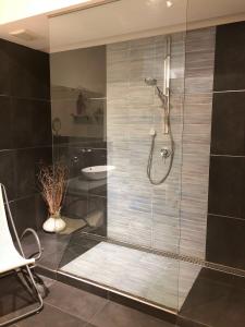 La salle de bains est pourvue d'une douche avec une porte en verre. dans l'établissement Oliveta, à Tavarnelle in Val di Pesa