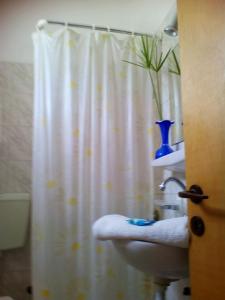 a bathroom with a white shower curtain and a sink at Maria Gerokonstanti Studios in Elliniká