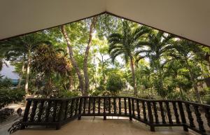 a balcony with a view of palm trees at Cabilao Sanctuary Beach & Dive Resort in Loon