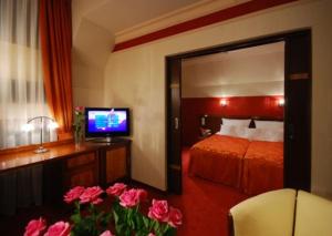a hotel room with a bed, television, and bedside table at Hotel Victoria in Włocławek