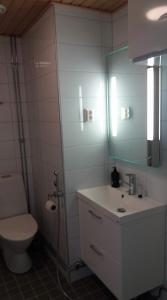 een badkamer met een toilet, een wastafel en een spiegel bij MR Apartments in Vaasa