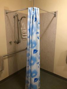 a white shower curtain with a blue shower curtain at Sheffield Motor Inn in Sheffield