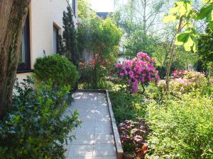 einen Garten mit rosa Blumen und einem Gehweg in der Unterkunft Die Rochusberger in Bingen am Rhein