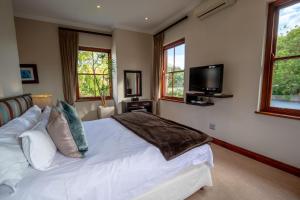 um quarto com uma cama, uma televisão e janelas em Nova Constantia Boutique Residence em Cidade do Cabo