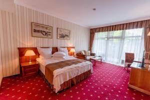 una habitación de hotel con una cama grande y una alfombra roja en Club de Vacanta Mediterraneo en Neptun